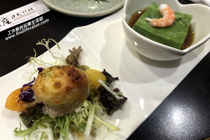 台南銀座日本料理餐廳。抹茶豆腐佐干貝時蔬